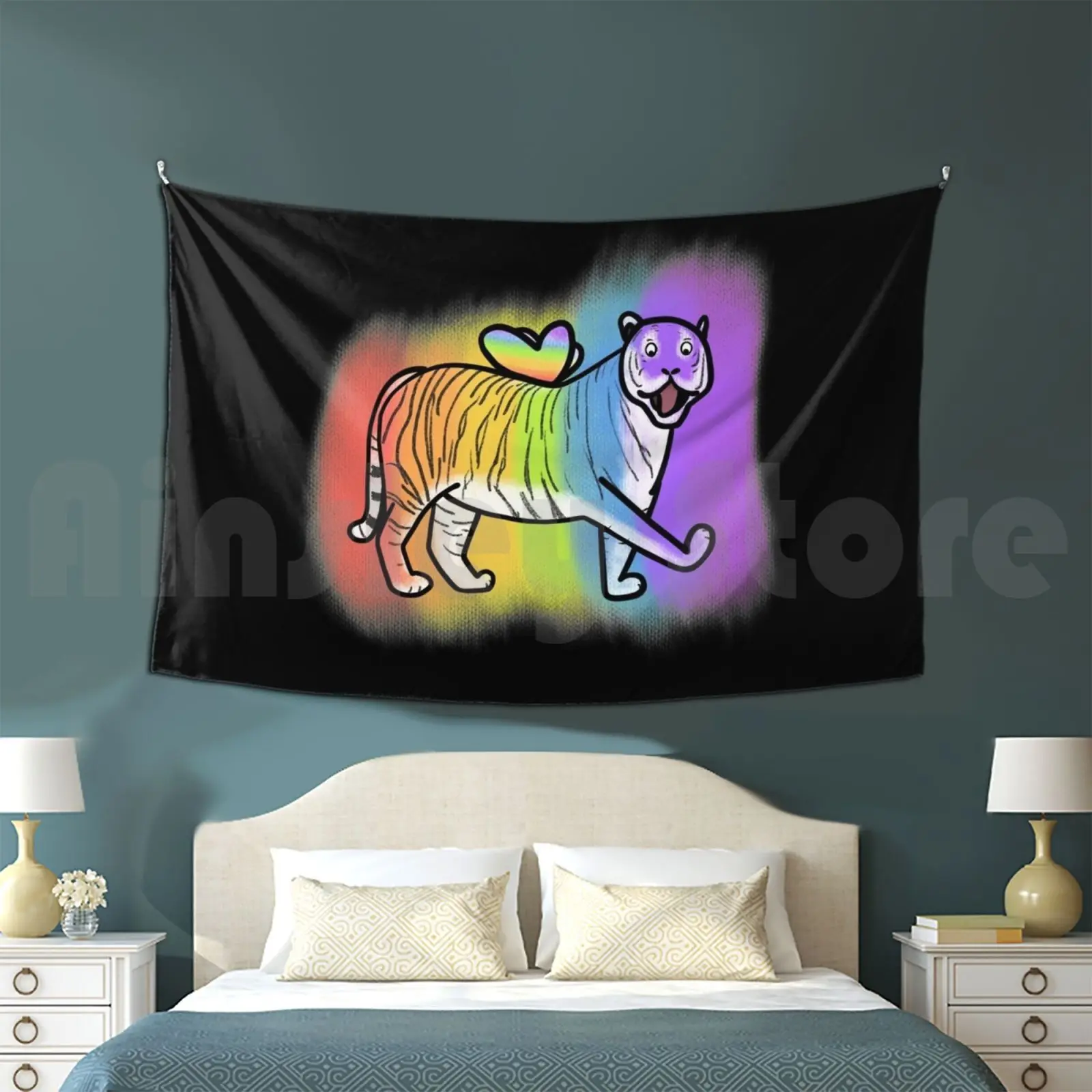 Flying Rainbow Tiger Tapestry Living Room Bedroom Marymwoolf Mary Woolf Character Cute Tiger Cartoon Animal Funny Happy Rainbow