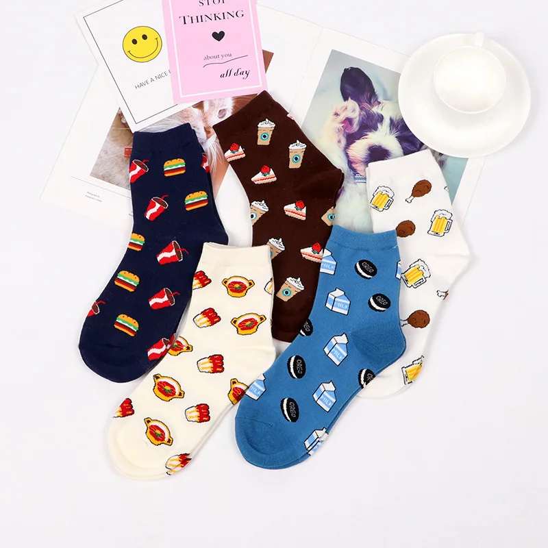 5 Pairs Women Funny Socks Happy Cute Cartoon Fruits Banana Avocado Lemon Egg Cookie Strawberry Donuts Food Japanese Harajuku