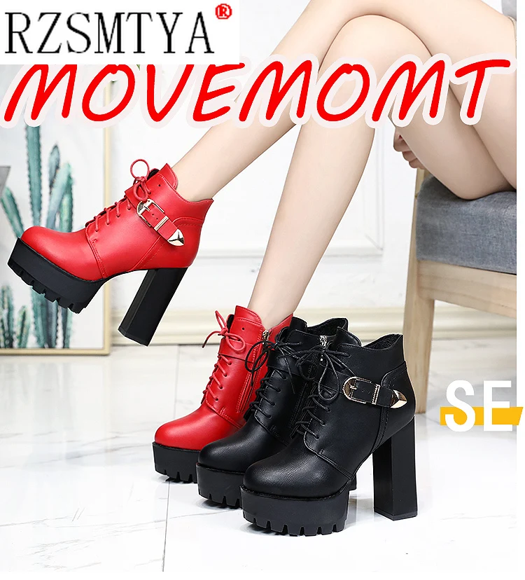 PU Leather Platform Ankle Strap Boots High Heels Women\'s Zip Spring Autumn Shoe Women Chaussures Femme Western Motorcycle Boots