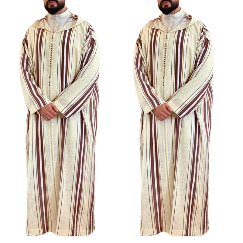 Muslim Dresses for Mens Long Sleeve Stripes Dubai Shirt Kaftan Thobe Robe Gown Straight Leisure Race Style Clothing