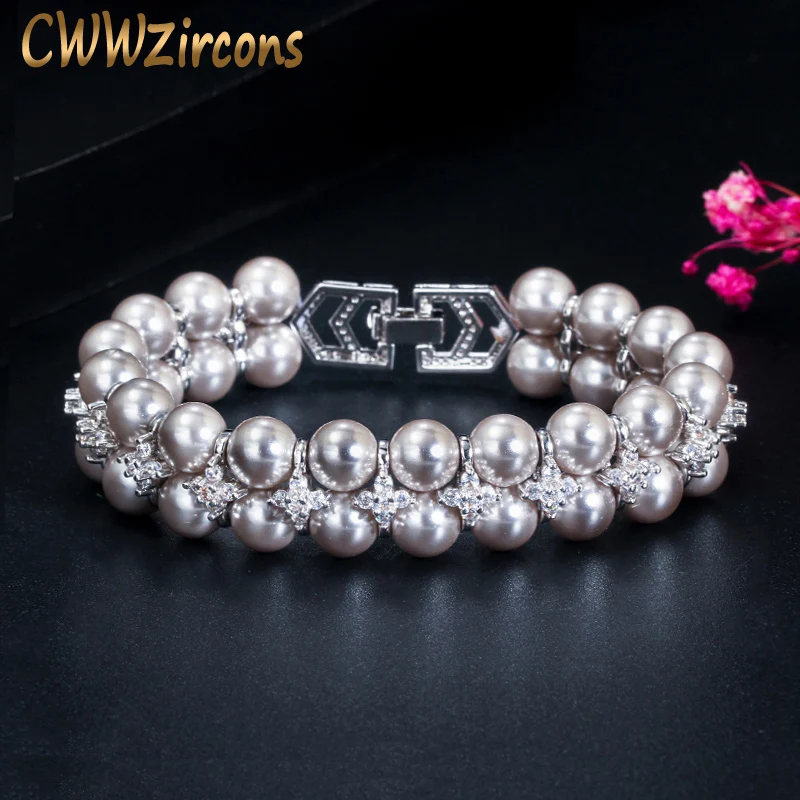 CWWZircons Elegant Fashion Silver Color Big Wide Gray Pearl Bracelets with Cubic Zirconia Women Wedding Party Jewelry Gift CB201