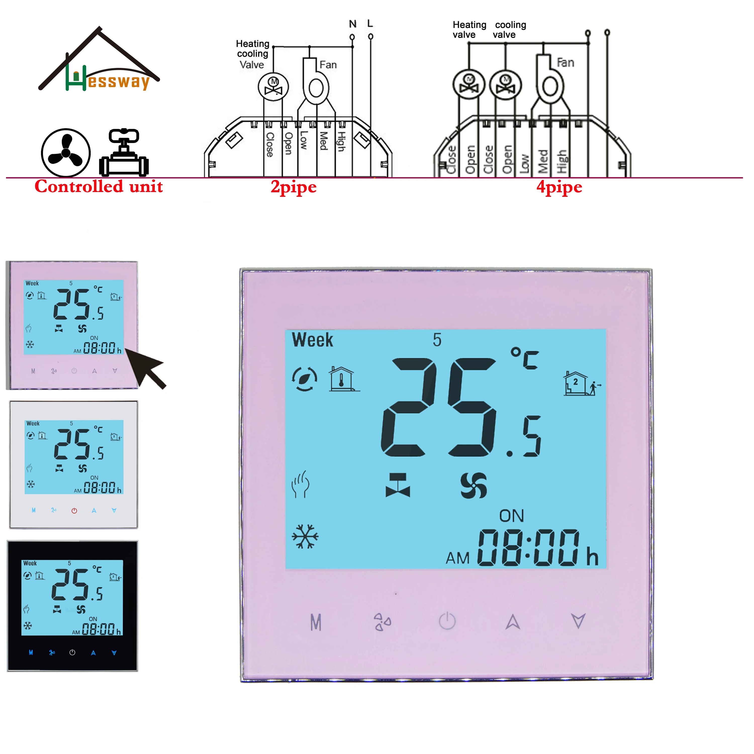 HESSWAY 2-Tube/4Pipe Fan Coil AC WIFI Thermostat for 24V/95-240V Temperature Control Regulator Works with Alexa Google Home