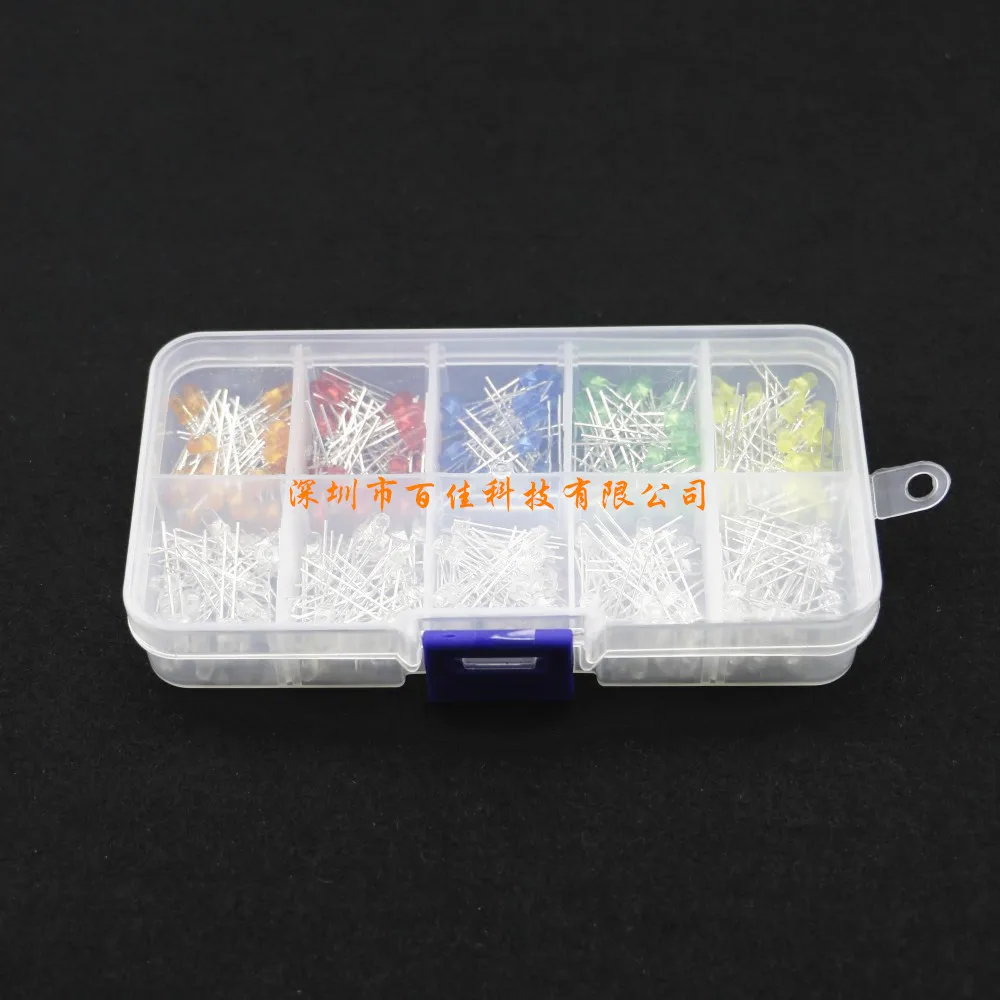 300Pcs 3mm 빨강, 녹색, 노랑, 주황색 및 파랑 고휘도 LED 램프 구슬 인라인 발광 다이오드 상자