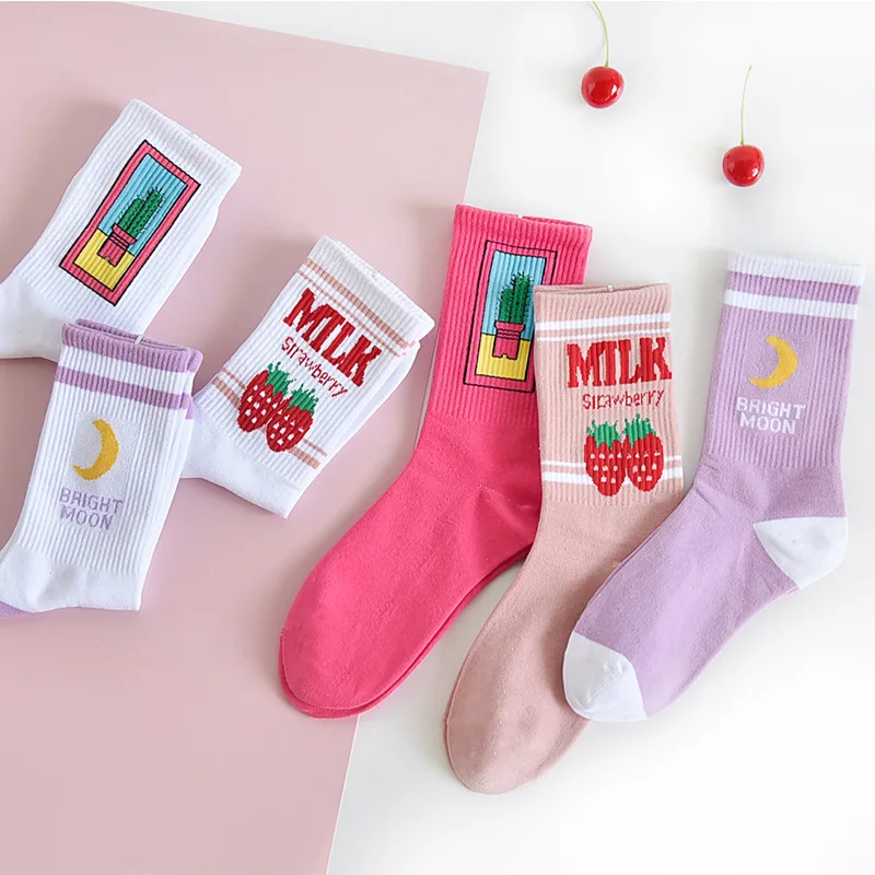 Women's Socks Japanese Cotton Colorful Cartoon Cute Funny Happy kawaii Moon strawberry cactus Socks for Girl