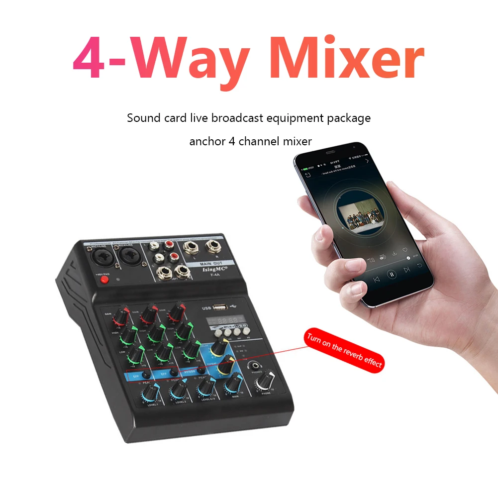 4 Channels Audio Sound Mixer Bluetooth-compatible USB Sound Card Mixing Console Input Phantom Monitor for Home Karaoke KTV