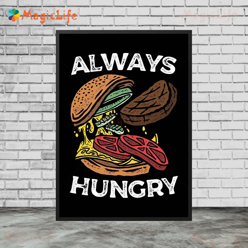 Terror Pizza Cutter and Hungry Burger Wall Art Canvas Painting Fast Food Delicacy Art Poster Prints For Kitchen,Restaurant Decor