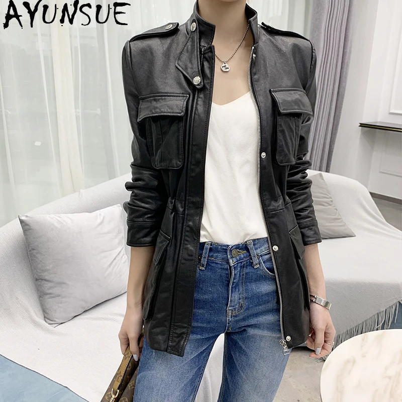 

AYUNSUE 100% Real Leather Jacket Women Vintage Sheepskin Coat Spring Autumn Motorcycle Biker Jackets Women Veste Cuir Femme KJ