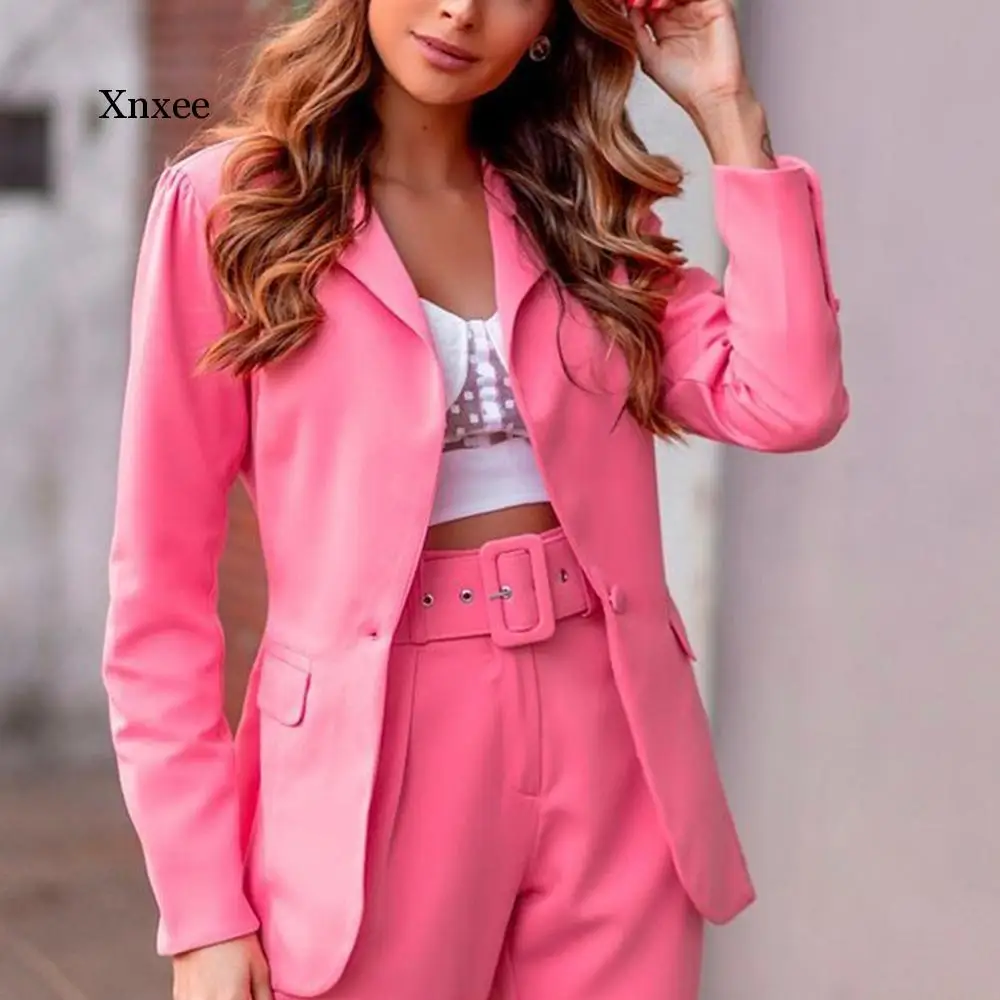 Two Pieces Set Women Pant Suit Casual Notched Long Sleeve Single Button Blazer Jacket & Pencil Pant Office Female Suit Clothing