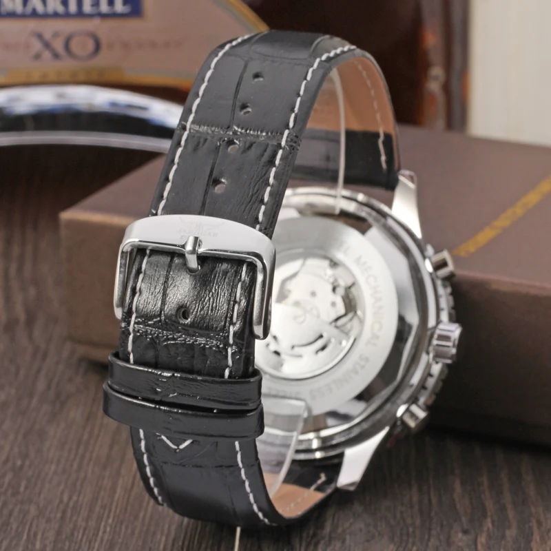 JARAGAR Watch Fashion style three eye ring mechanical movement mechanical watch Gear round black belt wrist watch