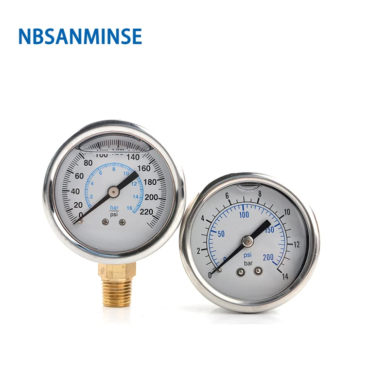 NBSANMINSE Hydraulic Oil Pressure Gauge SM2SB50B/L 2 inch G1/4 Liquid Manometer Pression Instruments SS304 Gauge Brass Thread