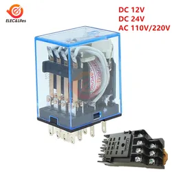 Small Electromagnetic Relay MY4NJ AC 110V 220V DC 24V 12V Coil Relay Module with Base Socket 4PDT 14 Pin Silver plated contact