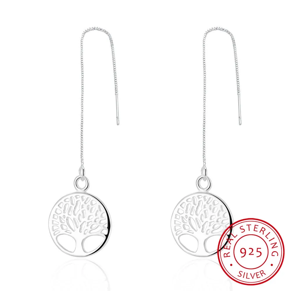 Elegant Fashion 925 Sterling Silver Round Tree Of Life Drop Earrings Box Chain Long Tassel Earrings