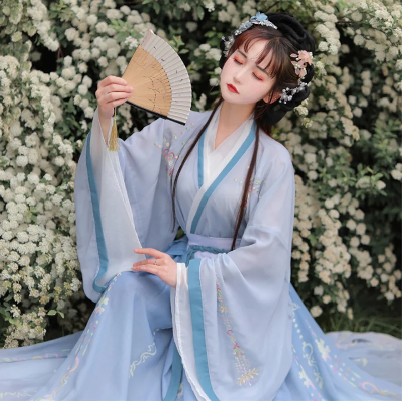 Hanfu Women Chinese Traditional Embroidery Stage Dance Dress Female Fairy Cosplay Costume Hanfu Gradient Blue&Green For Women