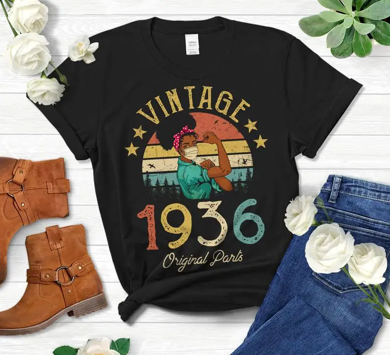 

Vintage 1936 original T-shirt with mask for African American women's 85th birthday gift Ladies short-sleeved T-shirt 100% cotton