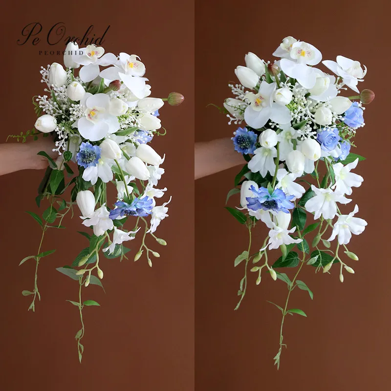 PEORCHID Beach Waterfall Wedding Flowers Bridal Bouquets Blue&White Artificial Tulip Orchid Bascading Bouquet For Brides