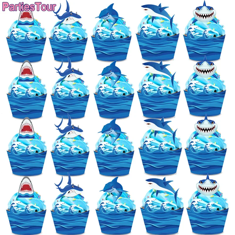 24pcs Nautical Theme Blue Shark Cupcake Toppers Cake Wrapper Shark Birthday Party Cake Toppers for Baby Showers Party Decortions