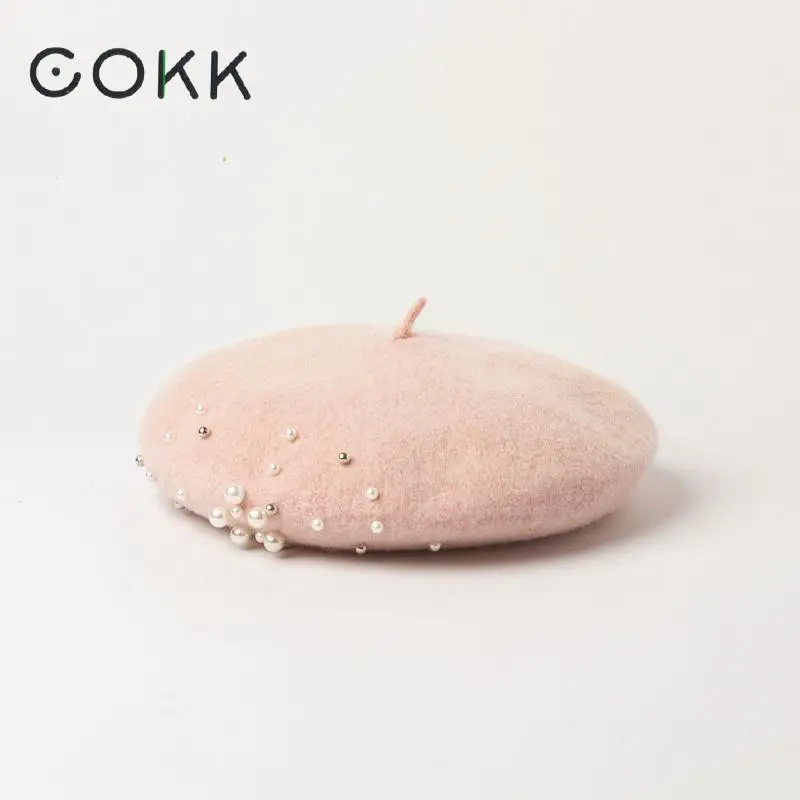 

COKK Autumn Winter Wool Beret With Pearl Beads Painter Hat Pink Beret Women Hat Chapeau Femme Fashion Gorras French Hat Bonnet