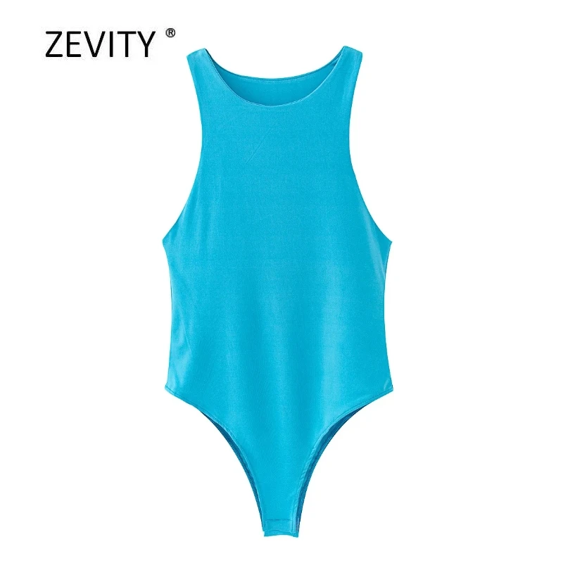 Zevity New Women fashion candy colors slim bodysuits female chic o neck sleeveless vest blouse brand leisure playsuits tops P859