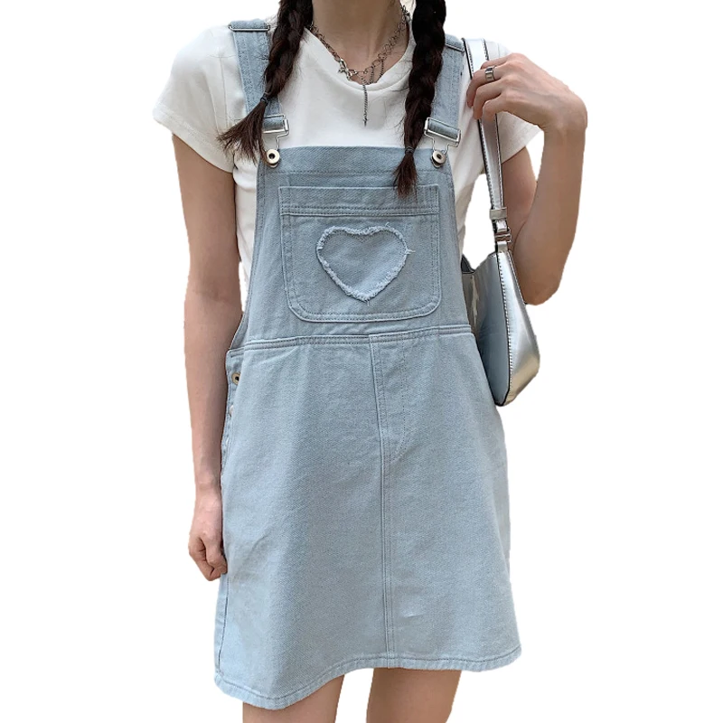 

Summer Korean Fashion Cute Strap Denim Dress Women Basic Casual Jeans Clothes Girls Heart Bib Pocket Overall Suspender Dresses