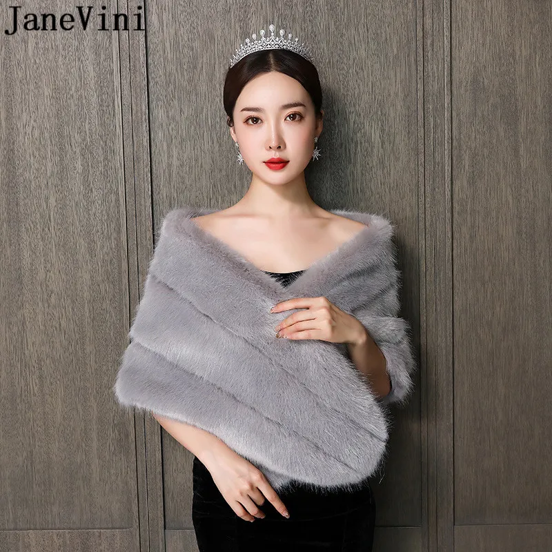 

JaneVini Gray Faux Fur Shawl Wrap Wedding Bride Shoulder Wraps Winter Champagne Bridal Fake Fox Fur Bolero Women Capes Stoles