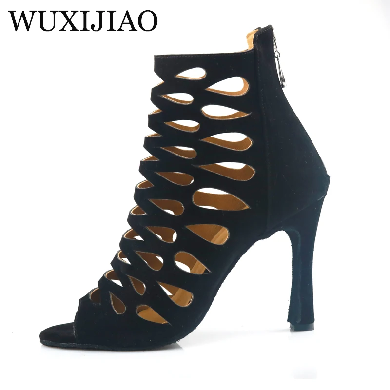 WUXIJIAO Ladies black mesh suede fashion cross strap sexy high heel sandals comfortable latin dance shoes salsa shoes