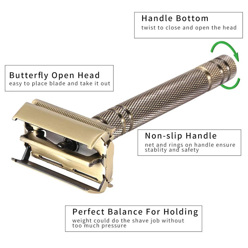 New Classic Manual Razor Men Butterfly Open Double Edge Safety Razors Bronze Vintage Metal Handle Wet Shaver