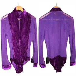 New Latin Dance Tops Men Purple Long Sleeve Leotard Pleated Shirt Male Professional Ballroom Shirts Competition Dance Top VDB842