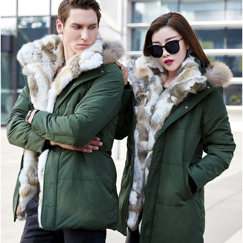 Pop ฤดูหนาว Unisex แจ็คเก็ตขนสัตว์ถอดออกได้ Hooded Coat Warm Outwear กระต่ายจริง Raccoon Hood ผู้หญิงผู้ชายเสื้อหนา