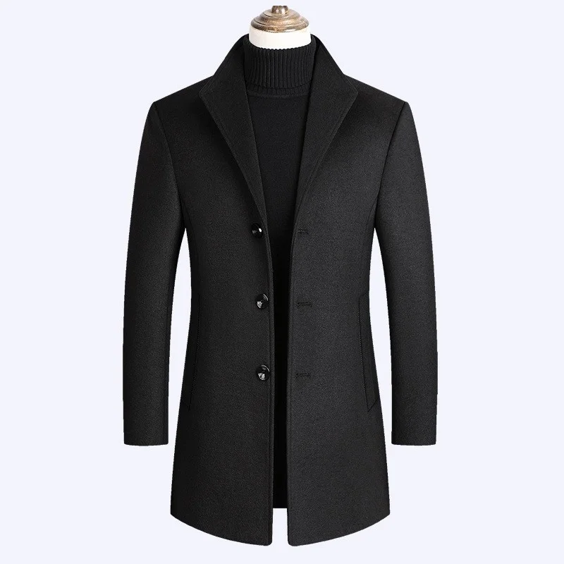 Casual Smart Autumn Winter Solid Mens Woolen Overcoats Long Sleeve Single Breasted Stand Collar Medium Length Coats Plus Size