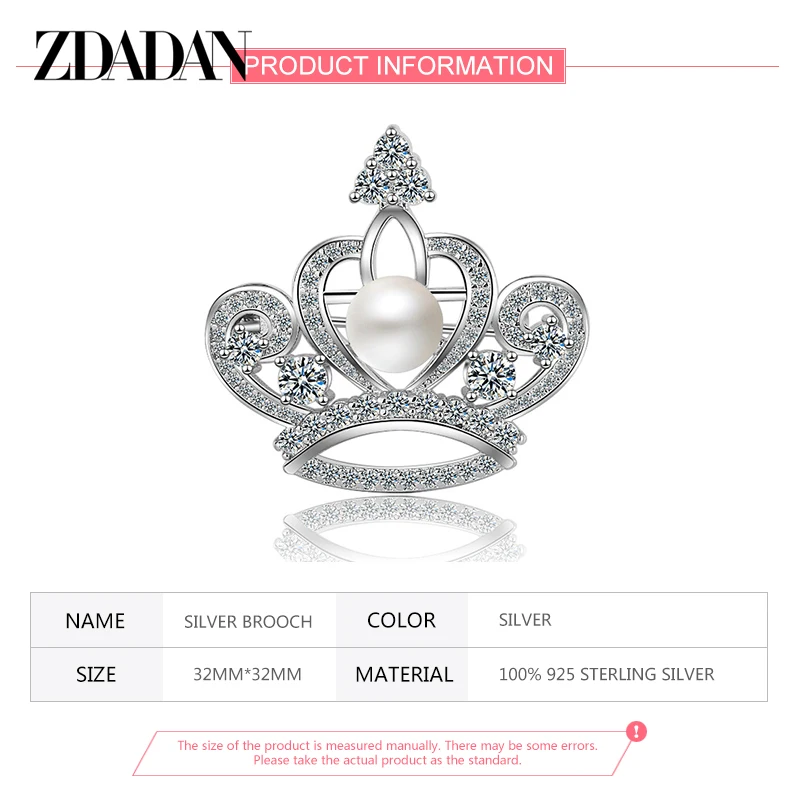 ZDADAN 925 Silver Crown Pearl Brooch For Women Wedding Fashion Jewelry Gift