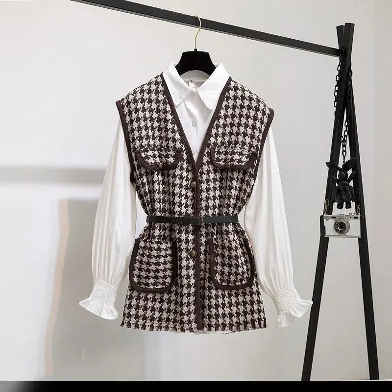 Long Lantern Sleeve Shirt Women Houndstooth Tweed Vest 2 Two Piece Set 2023 Spring Autumn Womens Shirts Sets Sleeveless Tops New