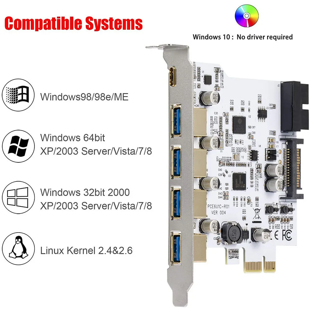 7 portas pci-e para usb 3.0 placa de expansão tipo c placa de expansão pci-e para usb 3.0 controlador 5 portas + 1 porta usb 3.1 adaptador de cartão