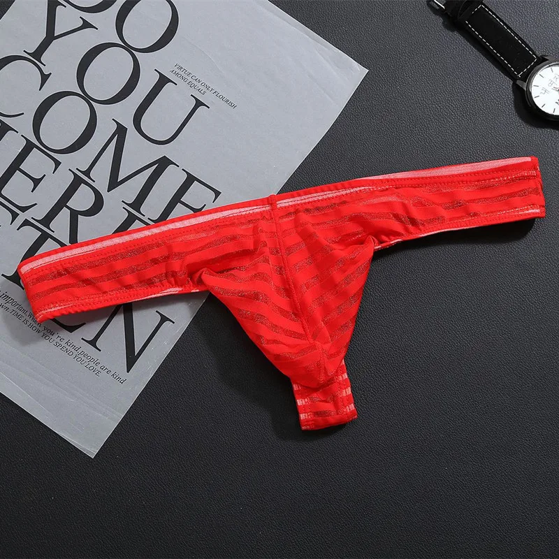 Sexy Thin Transparent Stripe Underwear Men Thong T-Back Bikini Gay Underwear Ice Silk Panties Mens Thongs And G Strings