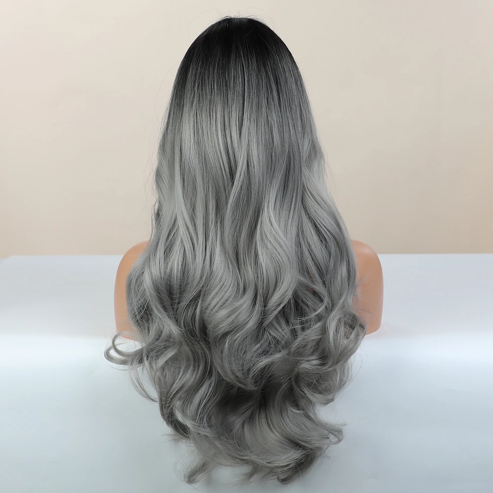 Pelucas de pelo sintético rubio y unicornio para mujer, con flequillo cabello Natural, fibra resistente al calor, largo ondulado, Ombre, gris, blanco y negro