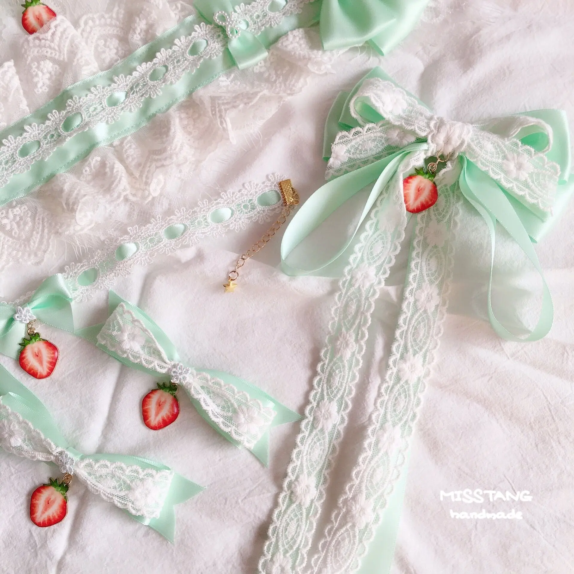 Lolita Loli Hair Accessories Light Green Hair Band Small Strawberry Hair Clip Lace Soft Cute KC Small Things