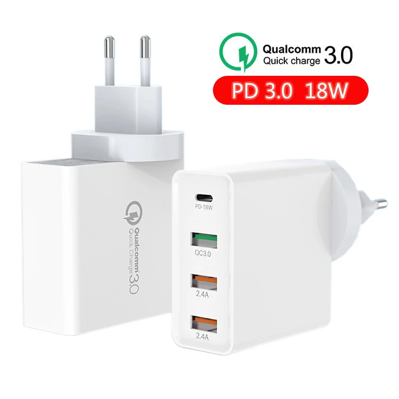 36W Multi 4USB Quick Charger  PD 18W USB Charger for Samsung iPhone Huawei Tablet QC 3.0 Fast Wall Charger US EU UK Plug Adapter