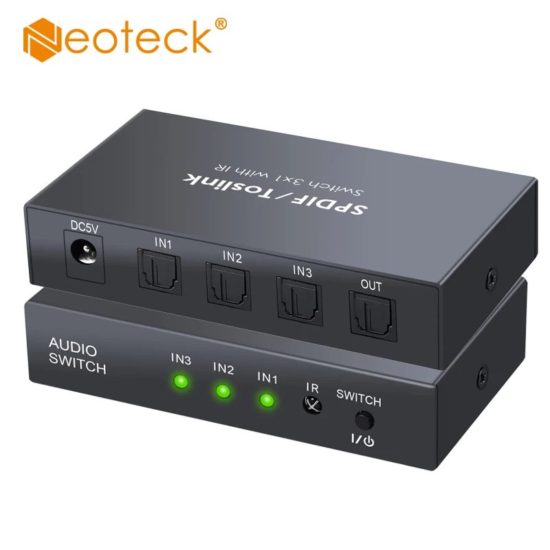 Neoteck-conmutador de Audio óptico Digital 3x1, caja de interruptor SPDIF Toslink con Control remoto IR, interruptor de Audio SPDIF/Toslink para DVD