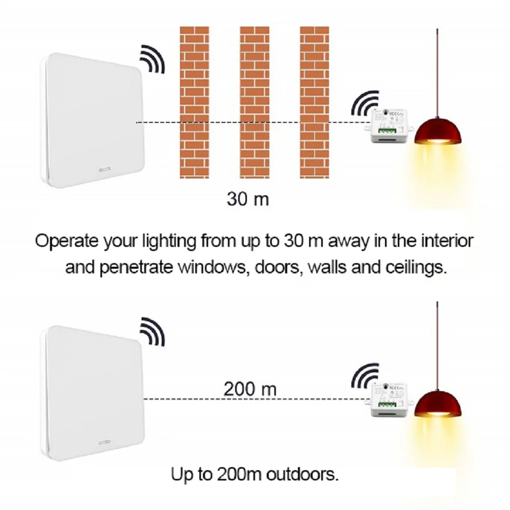 Wireless Switch Kinetic Self-Powered RF 433Mhz Light Switch No Battery Needed, No Wire, Remote Control up to 30m Easy to Install