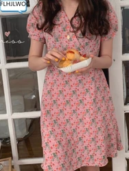 A Line Dresses Summer Women Korean Japan Preppy Style Clothes Girls Lady V Neck Pink Navy Blue Floral Print Vintage Dress