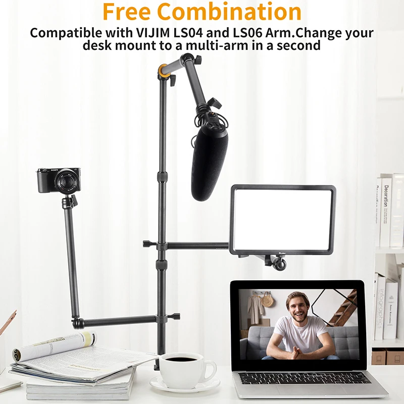 VIJIM LS10 LS11 Camera Mount Desk Stand with Flexible Auxiliary Holding Arm Overhead Camera Webcam Table Photography Studio kit