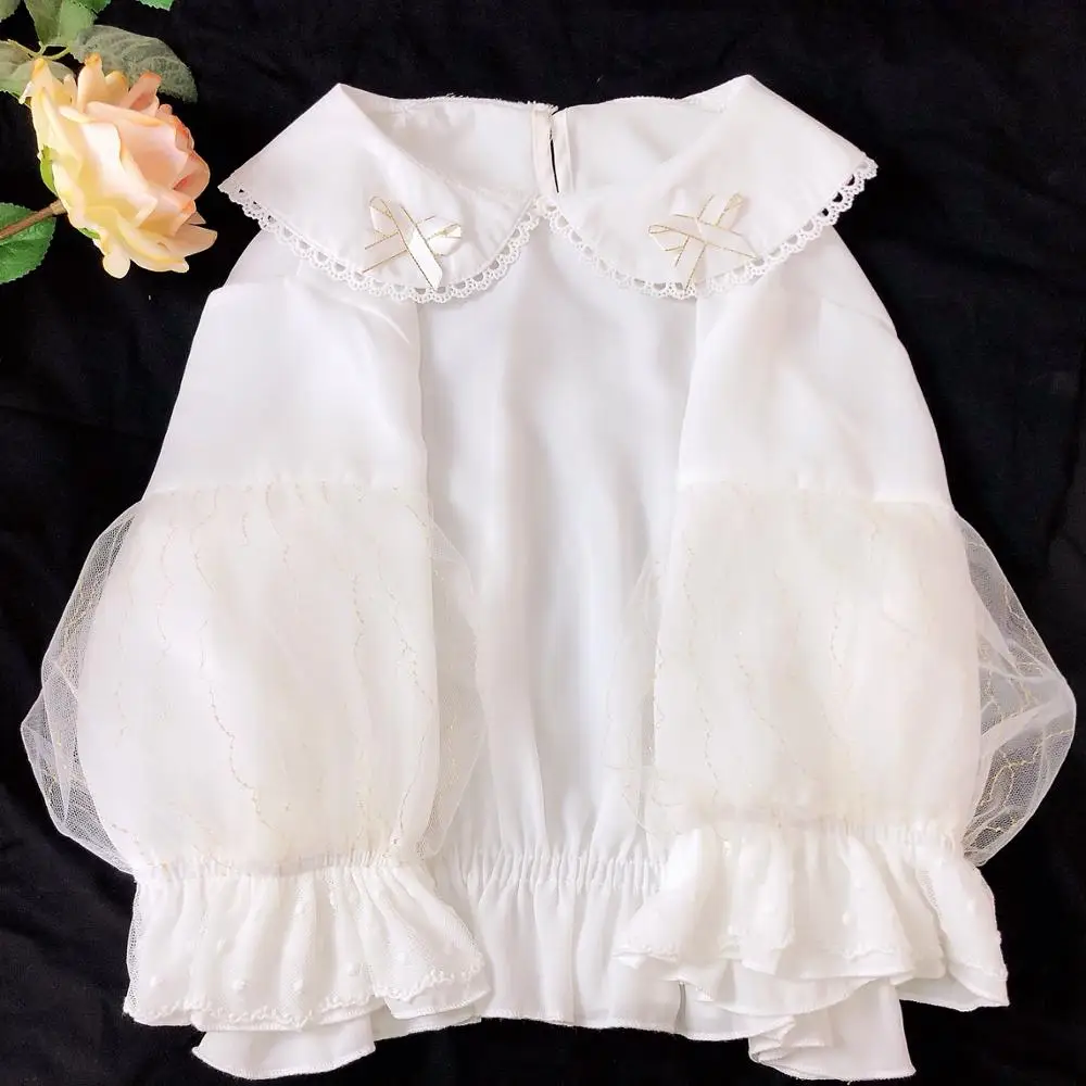 Gothic Lolita Chiffon Mesh Shirts for Teen Girl Vintage Ruffle Peter Pan Collar Cosplay Crop Top Women Princess White Blouses