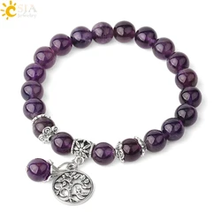 CSJA Natural Stone Bracelet Amethysts Crystal Bracelets Gem Beaded Tree of Life Protection Bracelet Healing Energy Woman G422