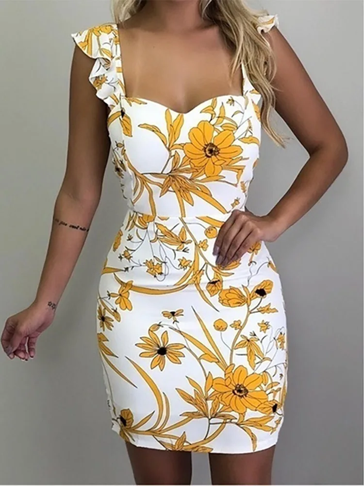 Women Sleeveless Shoulder Sexy Floral Mini Dress 2021 Summer New Arrival Sweet Print Mini Sundress