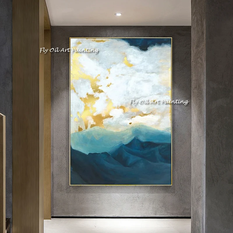 

Artist Hand-painted High Quality Modern Abstract Green Mountain Oil Painting On Canvas Handmade Gold Foil White Sky Paintings