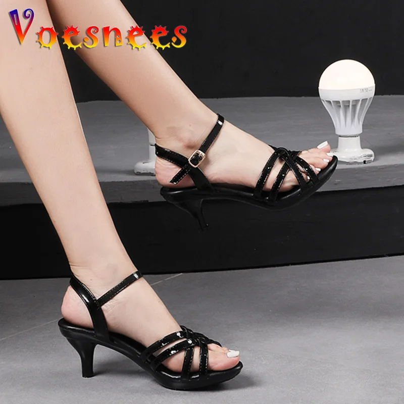 Women Heeled Shoes 2021 Summer Simple Style 6CM Thin Strap Sandal Sexy Peep Toe Fashion Brand Lady Buckle Strap Sandals Size 43