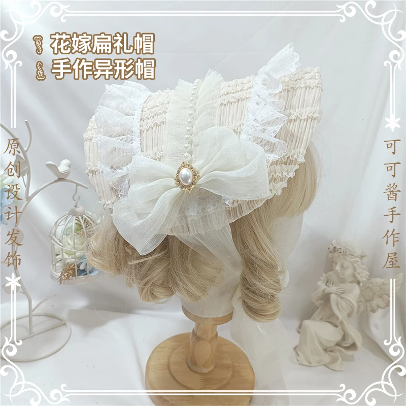 Original Handmade Generate Color Lolita Antique Hat BNT Flat Hat Bosnet Wedding Tea Party Gorgeous Top Hat