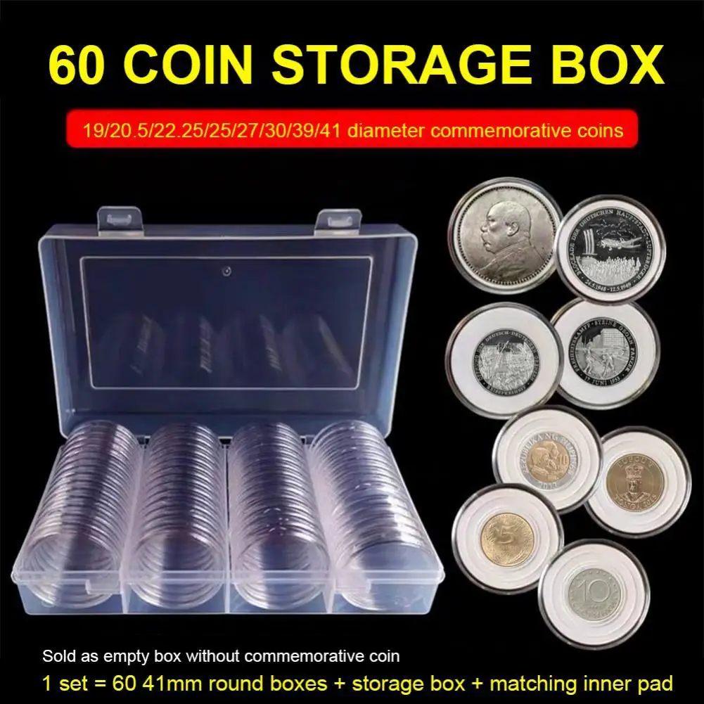 60Pcs/Set 41MM Portable Coin Holders Reusable Acrylic Transparent Storage Cases Round Protector Organizers for Collection