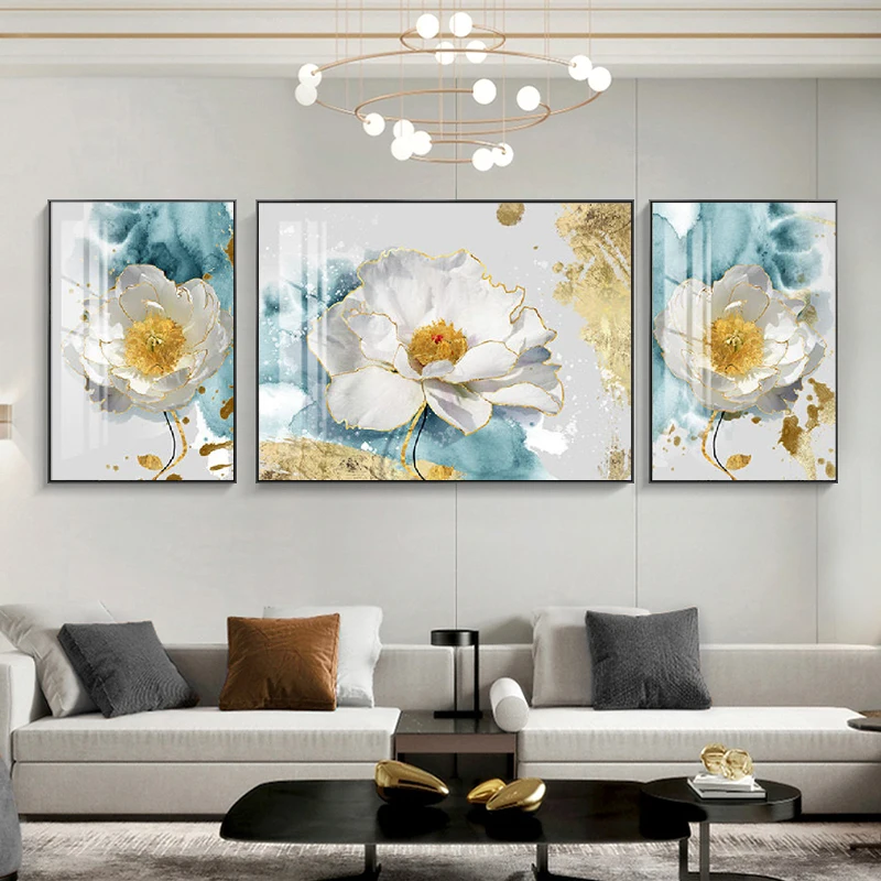 Nordic Abstract Gilt Gold White Flowers Ink Canvas Painting Wall Art Luxury Triptych Decorative Painting for Living Room Decor