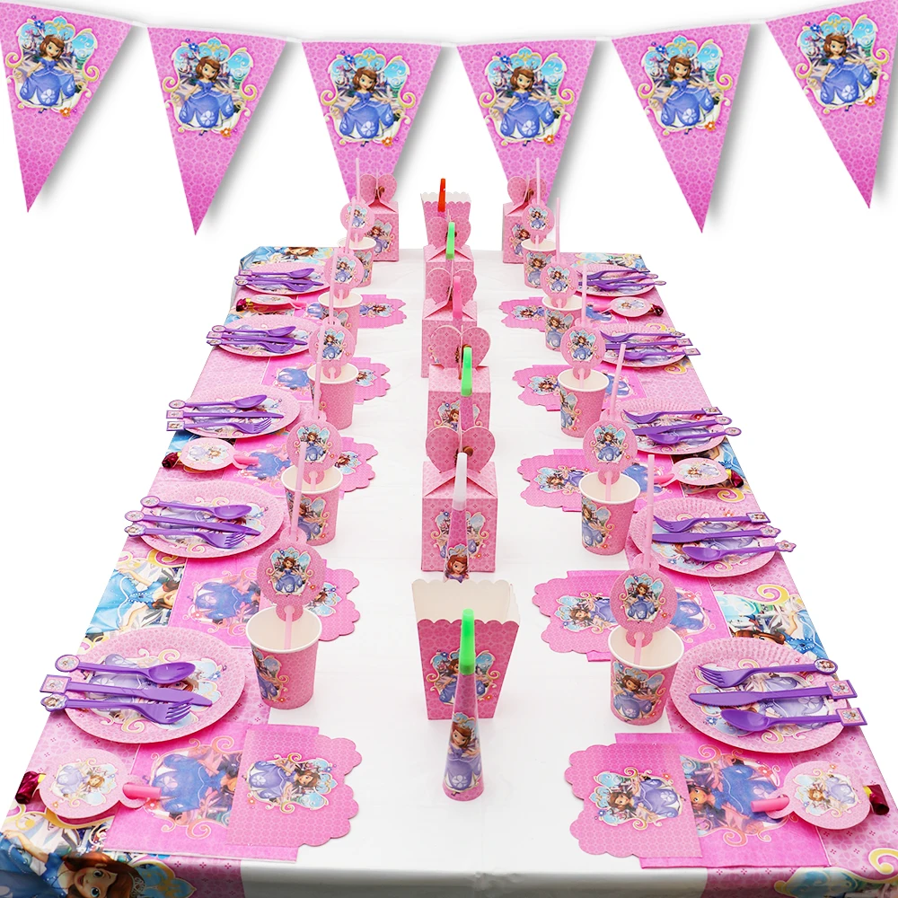 Cartoon Figure Sofia Disney Princess Party Flags Cup Plates Disposable Tableware Girls Christening Suitable For 20 People