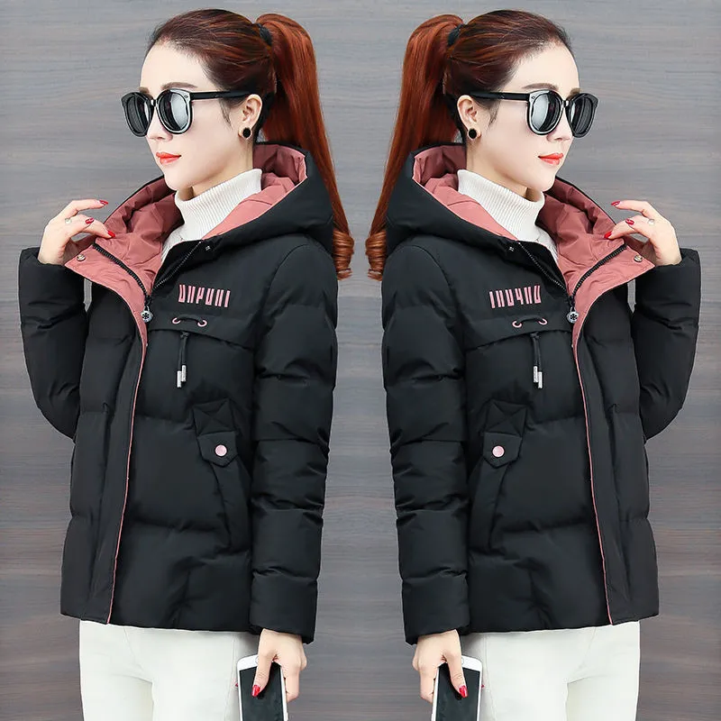 Grosso quente para baixo jaqueta de algodão feminino 2025 inverno novos parkas com capuz acolchoado casacos parka feminino curto fino zíper outwear